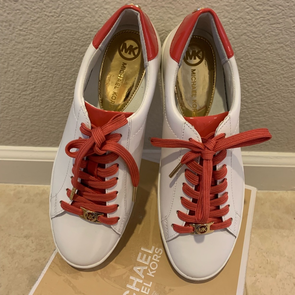 New Michael Kos Irving Lace Up Leather Optic White/Watermelon 7.7 Sneakers